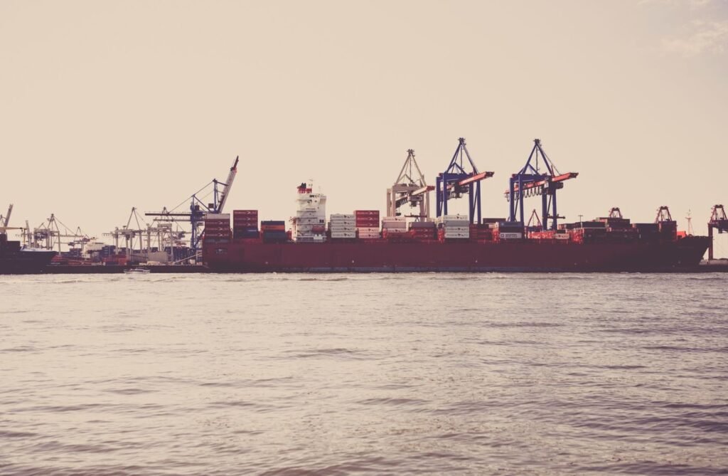 Cranes at a seaport handling export cargo