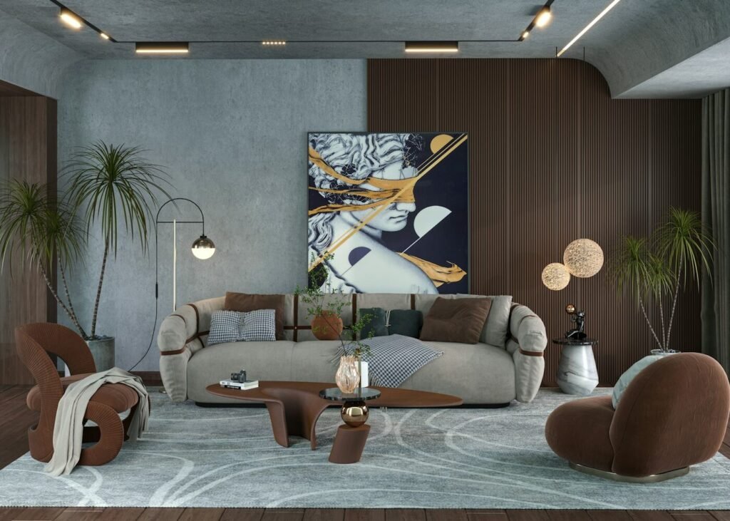 A furnished living room with artwork on the wall