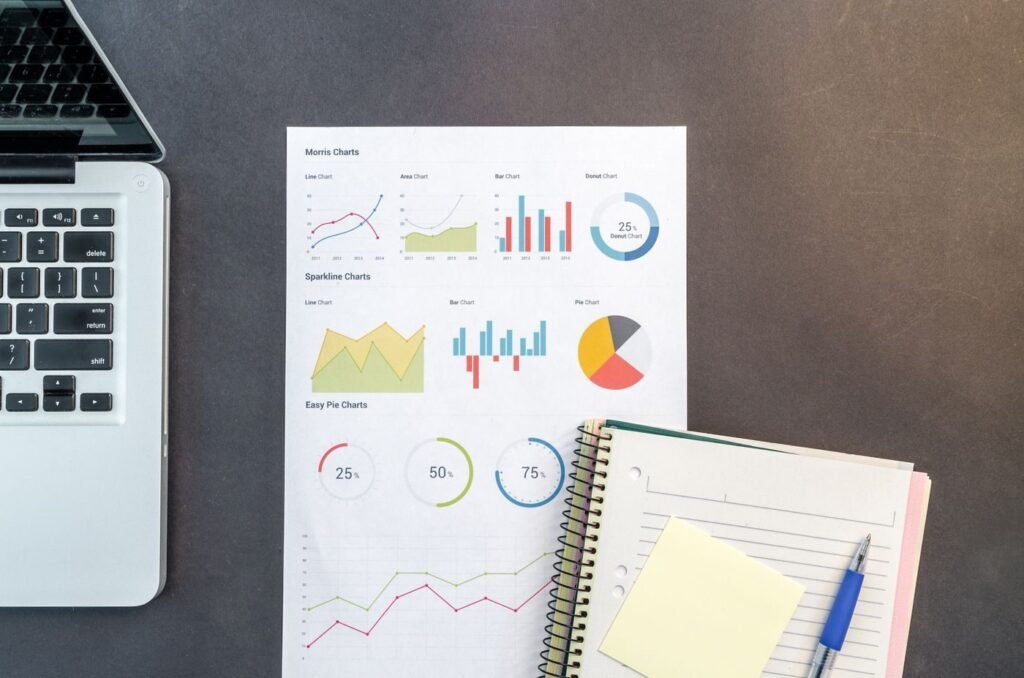 Printed performance charts and a notebook laid out for cross-checking reporting figures