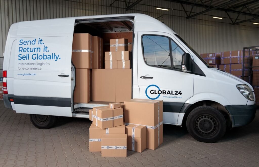 Delivery van loaded with cardboard boxes for cross-border shipping