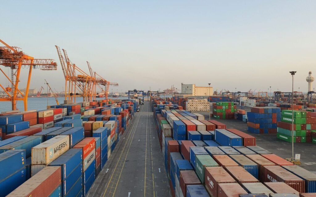 Container port at sunrise representing cross-border eCommerce trade