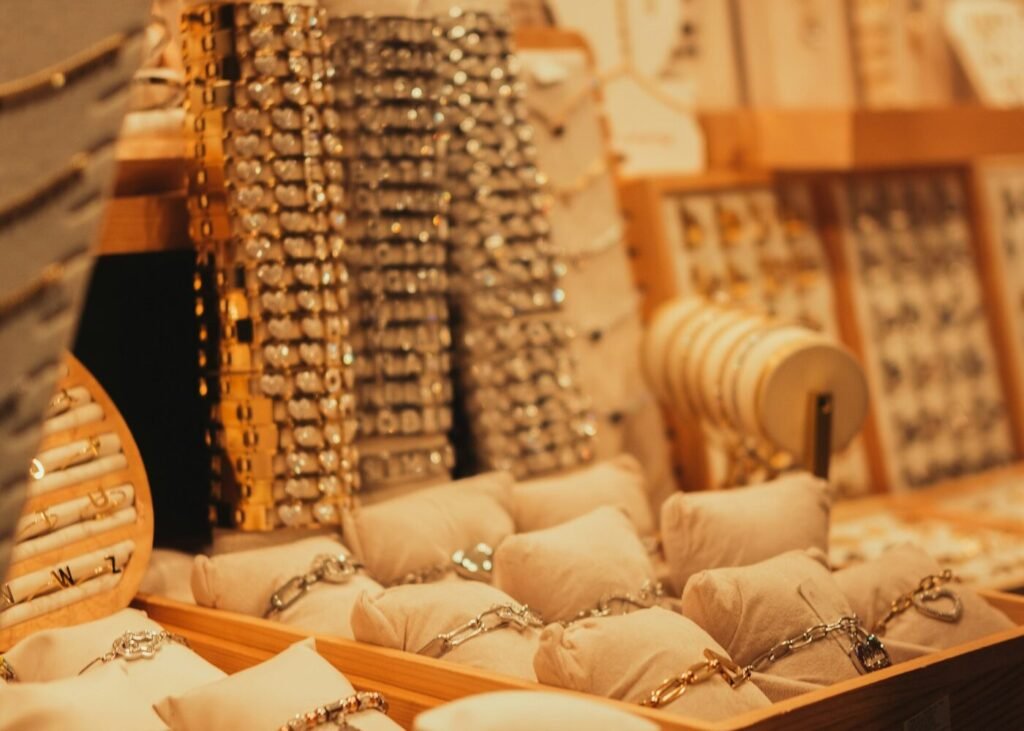A jewellery display case filled with rings and necklaces