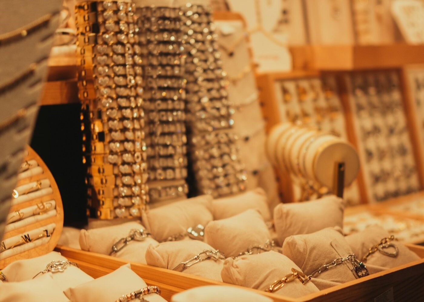 A jewellery display case filled with rings and necklaces