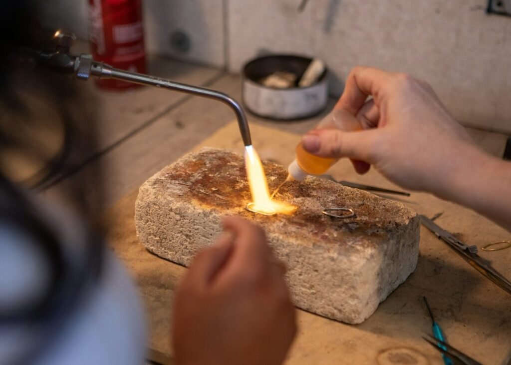 A jeweller heating metal with a torch at a workbench