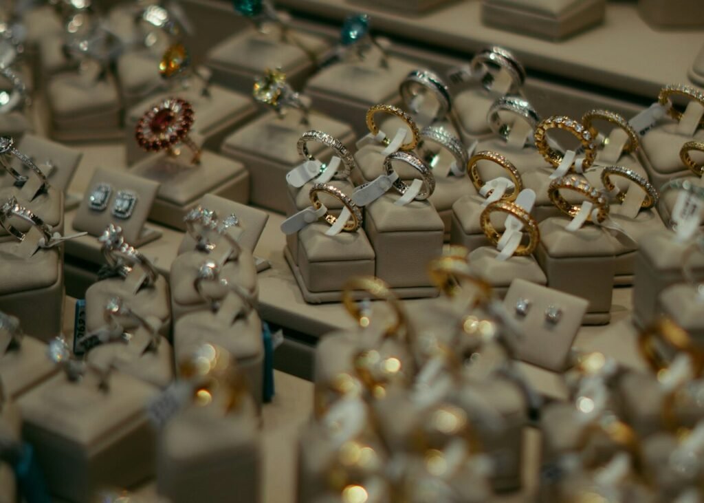 An assortment of jewellery laid out on a table