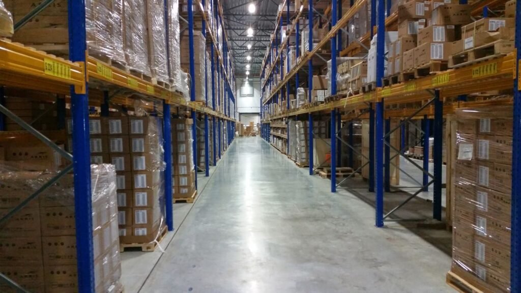 Stacks of cardboard boxes in a fulfilment warehouse