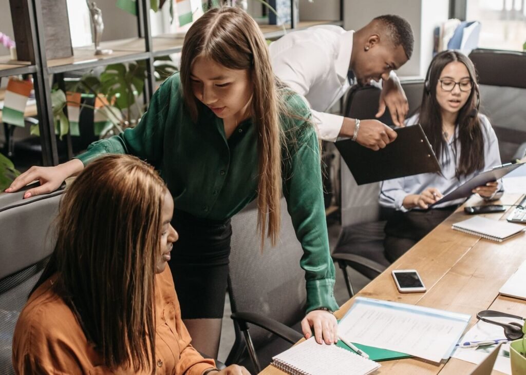 Customer support team working in an office