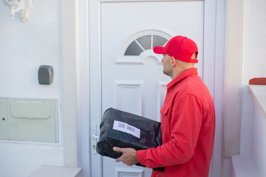 Courier delivering a package at a residential door