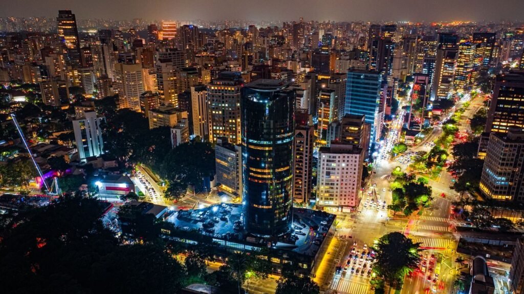 Aerial night view of the Sao Paulo skyline