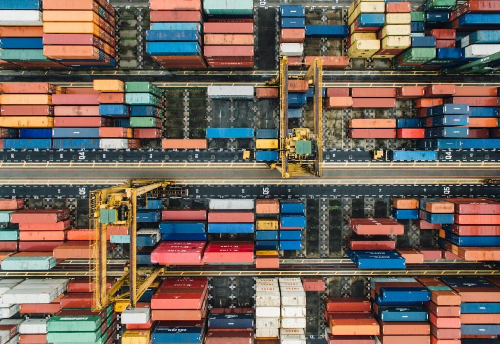 Aerial view of colourful shipping containers at a busy port