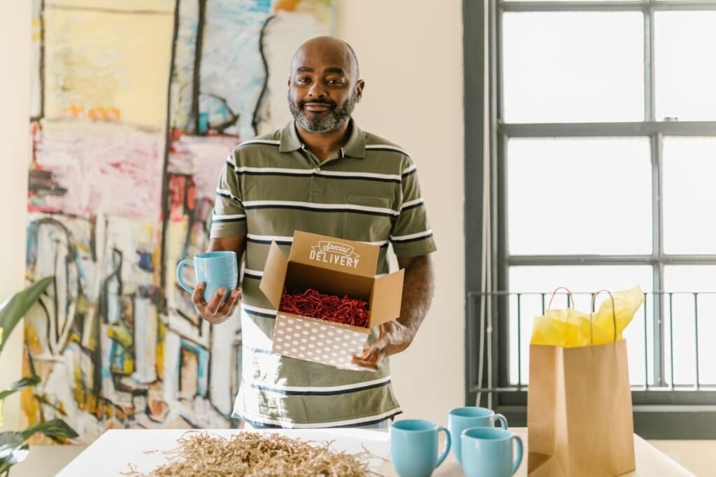 Business owner packing an order for delivery