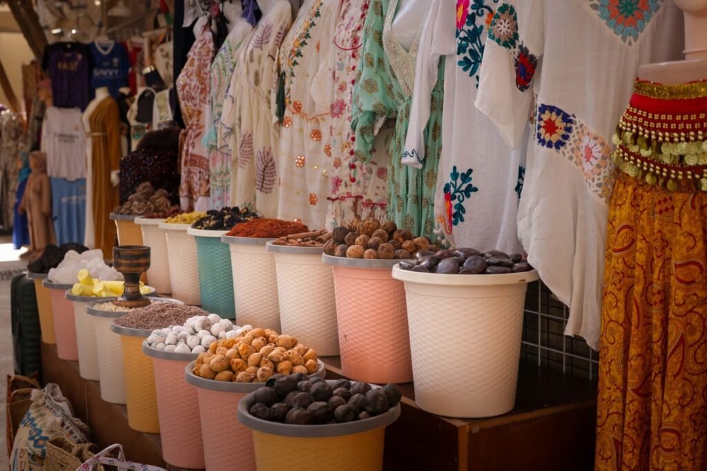 Colourful regional market textiles representing localised creative