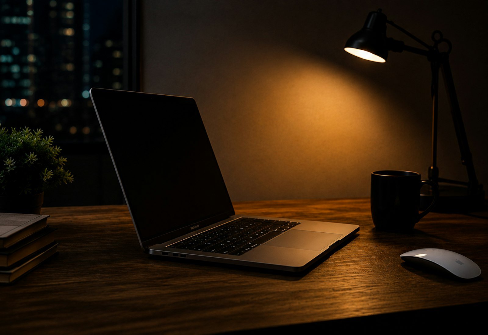 Desk at night with a laptop and lamp overlooking city lights