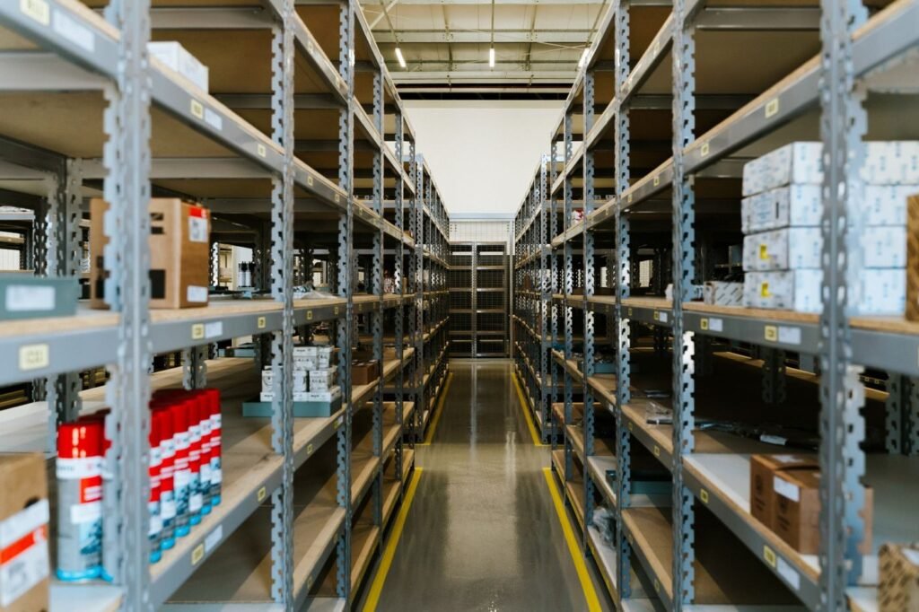 Walkway between shelves in a marketplace fulfilment warehouse
