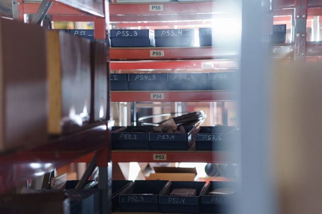 Labelled shelves in a regional fulfilment warehouse