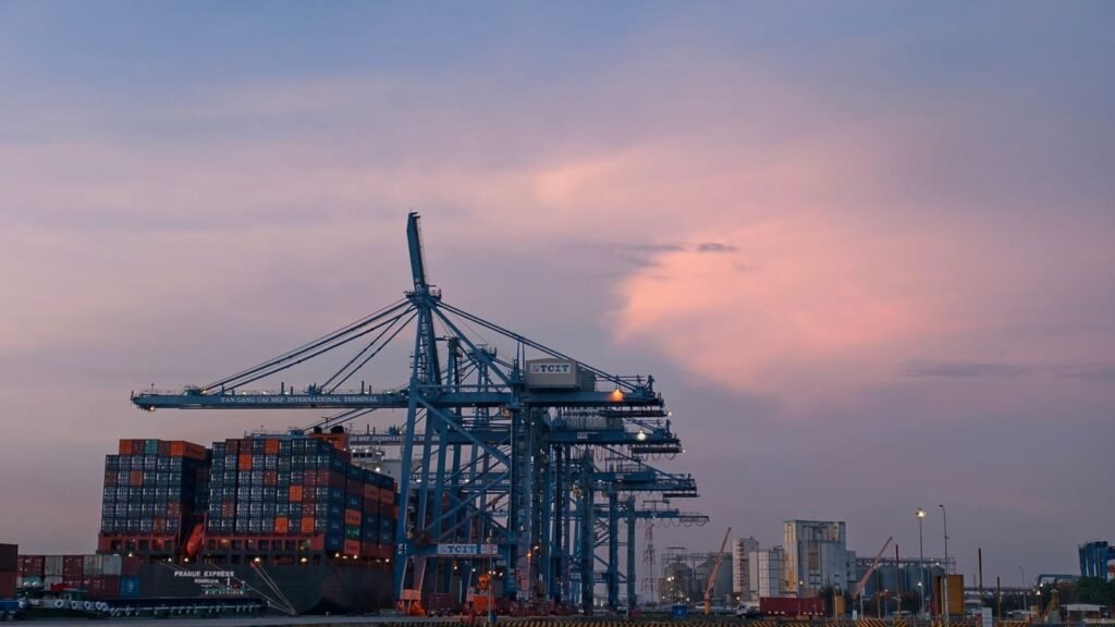 Container terminal at Cai Mep in Vietnam at sunset