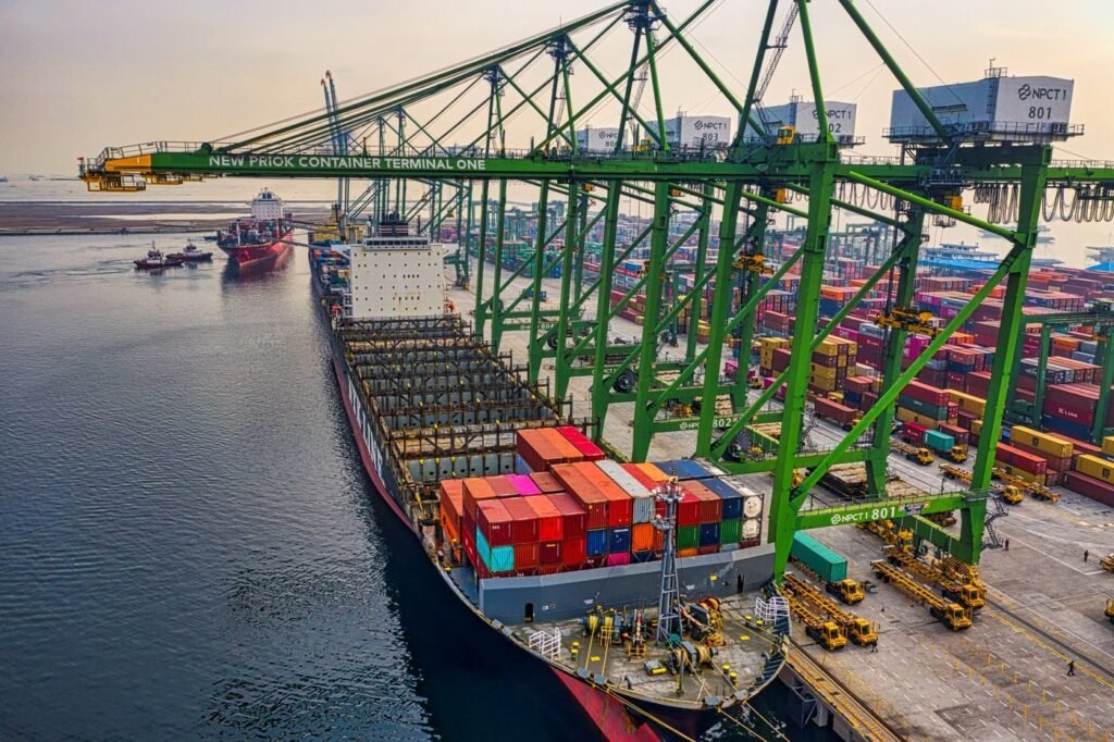Aerial view of a cargo ship at a Jakarta container terminal