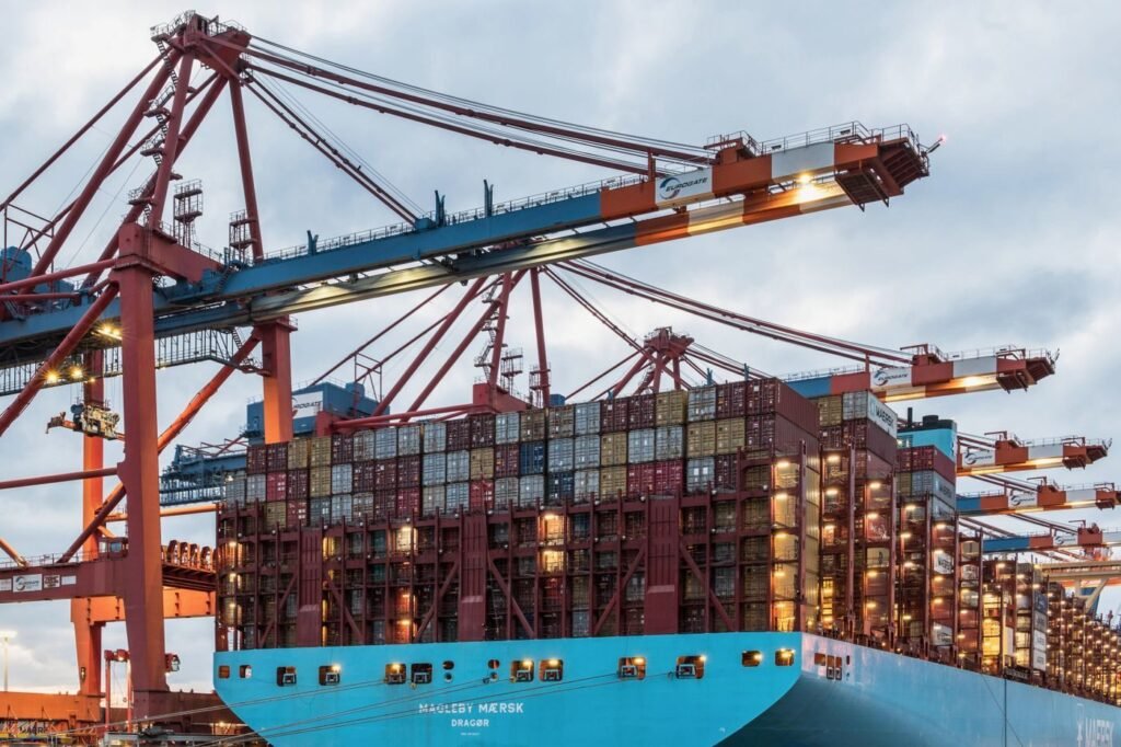 Cargo ship and cranes at a commercial dock