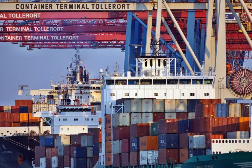 Stacked containers at a European port terminal