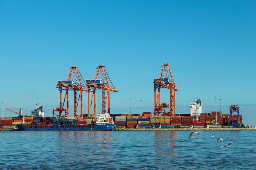 Cargo cranes and stacked containers at a busy export port